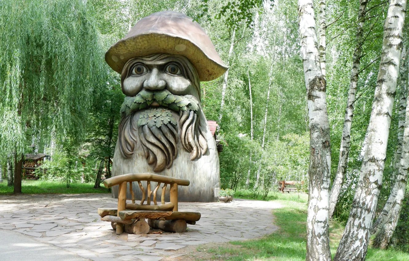 Photo wallpaper bench, green, Park, mushroom, birch, Borovik