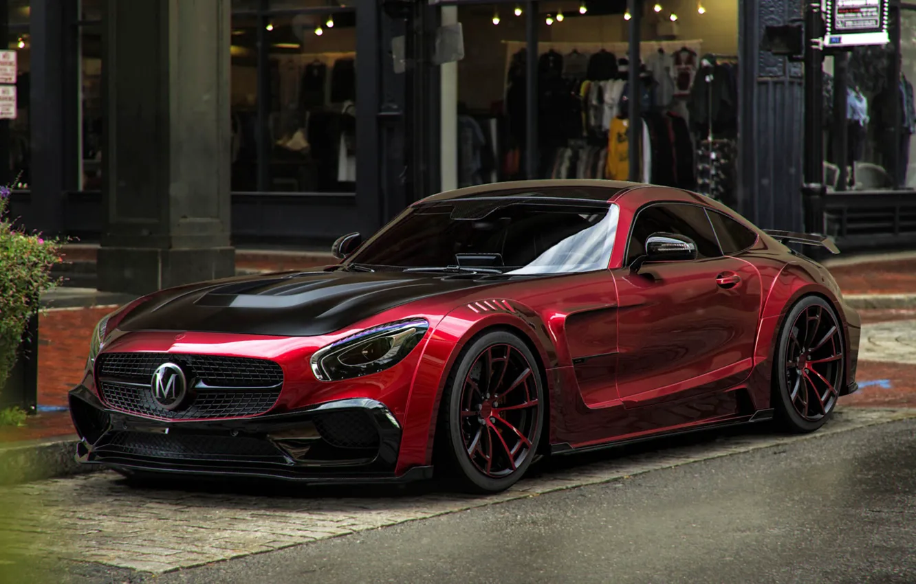 Photo wallpaper machine, auto, red, city, the city, cherry, Mercedes-Benz, Mercedes