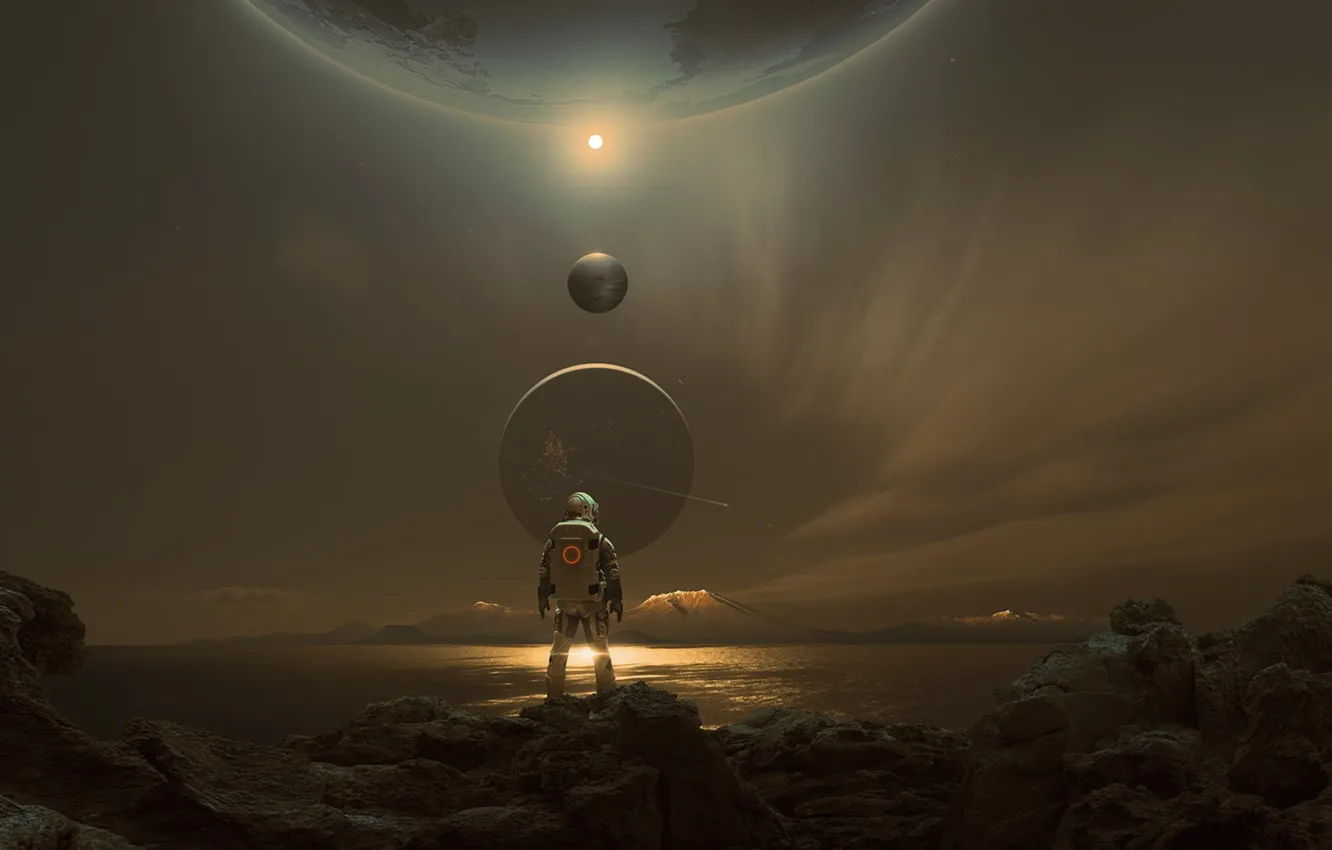 Photo wallpaper water, mountains, fiction, planet, science fiction, The Art of AI, AI Art, A Lonely Figure