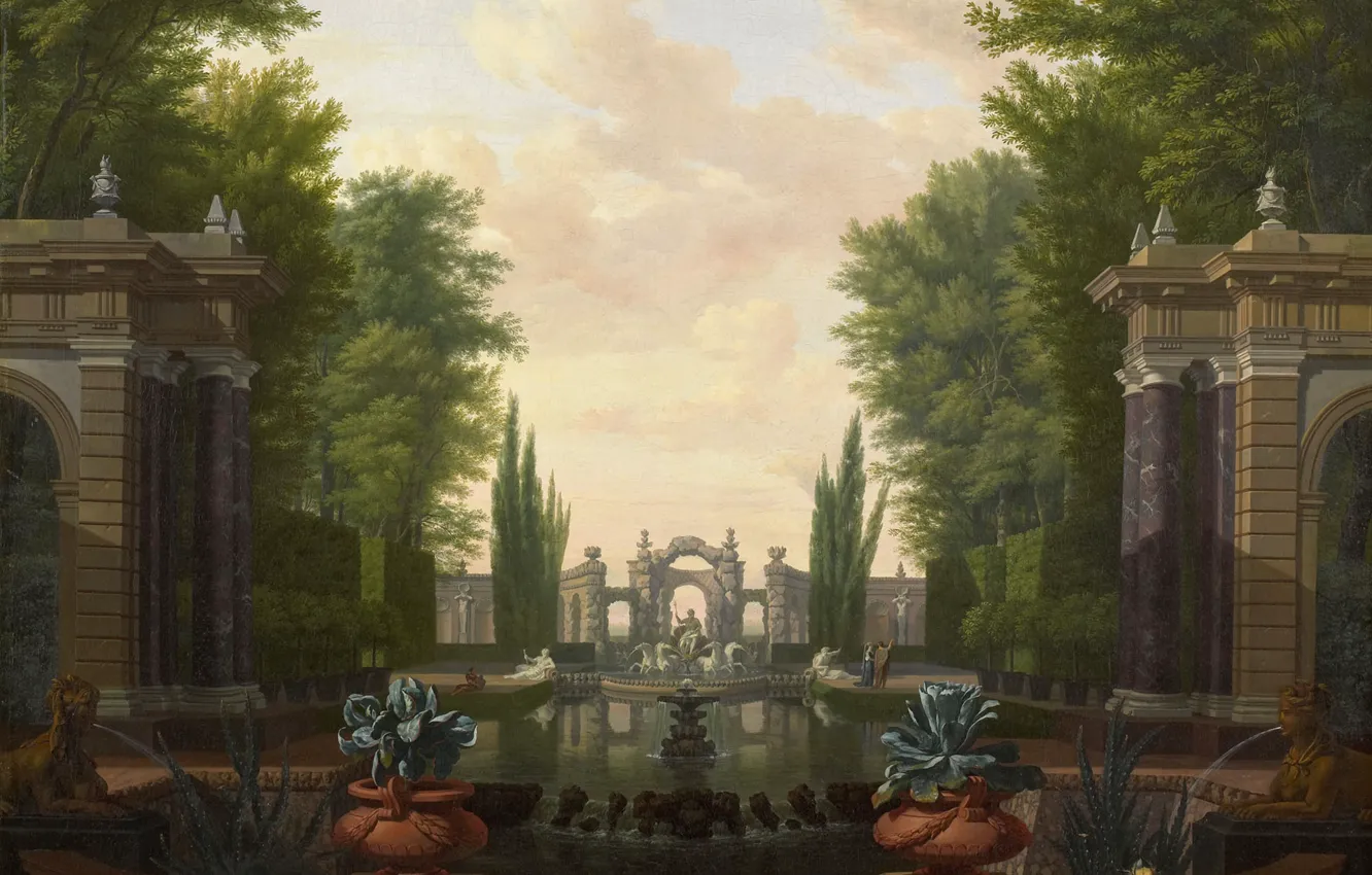 Photo wallpaper oil, picture, canvas, Isaac de Moucheron, The pond with Statues and Arches in the Park