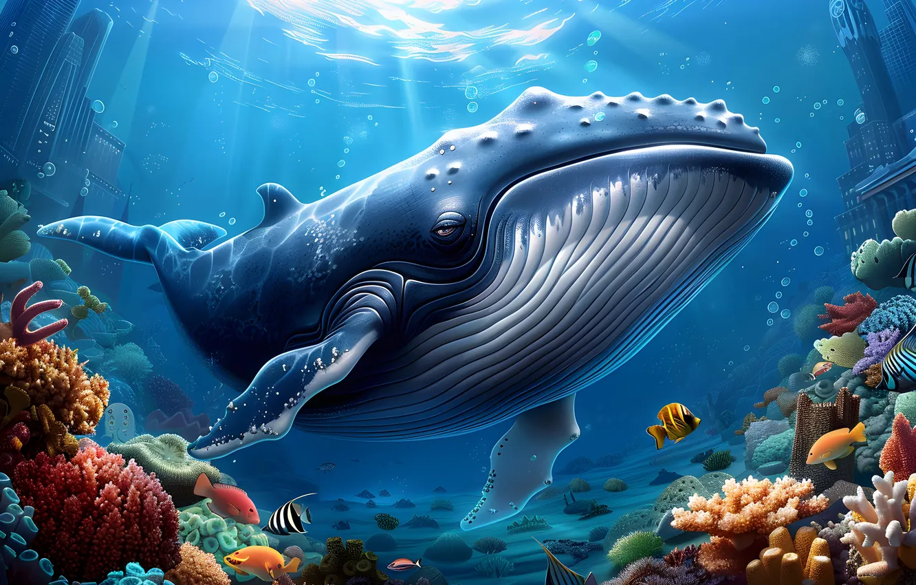 Photo wallpaper fish, corals, kit, underwater world, digital art, AI art, The Art of Artificial Intelligence, neural …