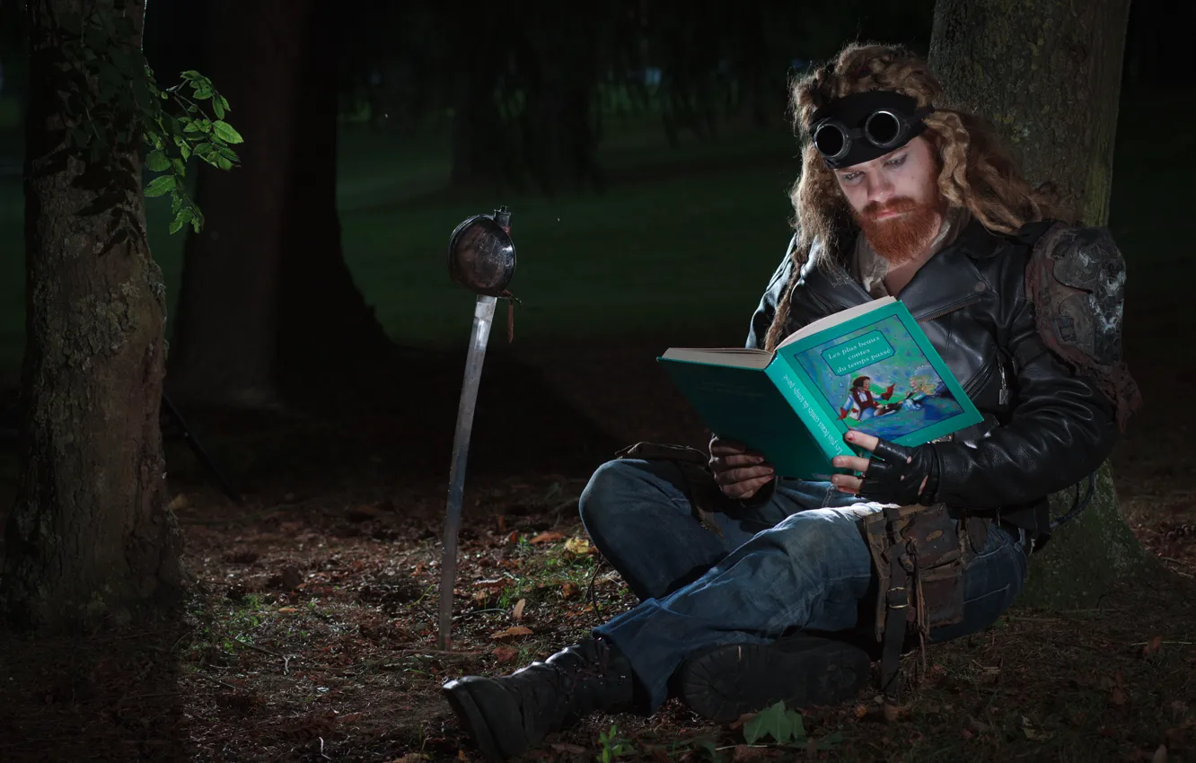 Photo wallpaper forest, man, glasses, book, saber, tales