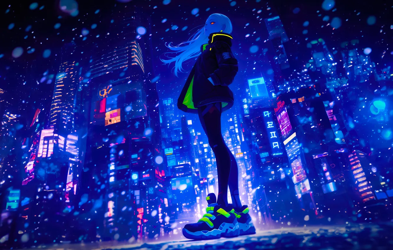 Photo wallpaper girl, blue, blue, skyscrapers, anime, Girl, Blizzard, snowfall