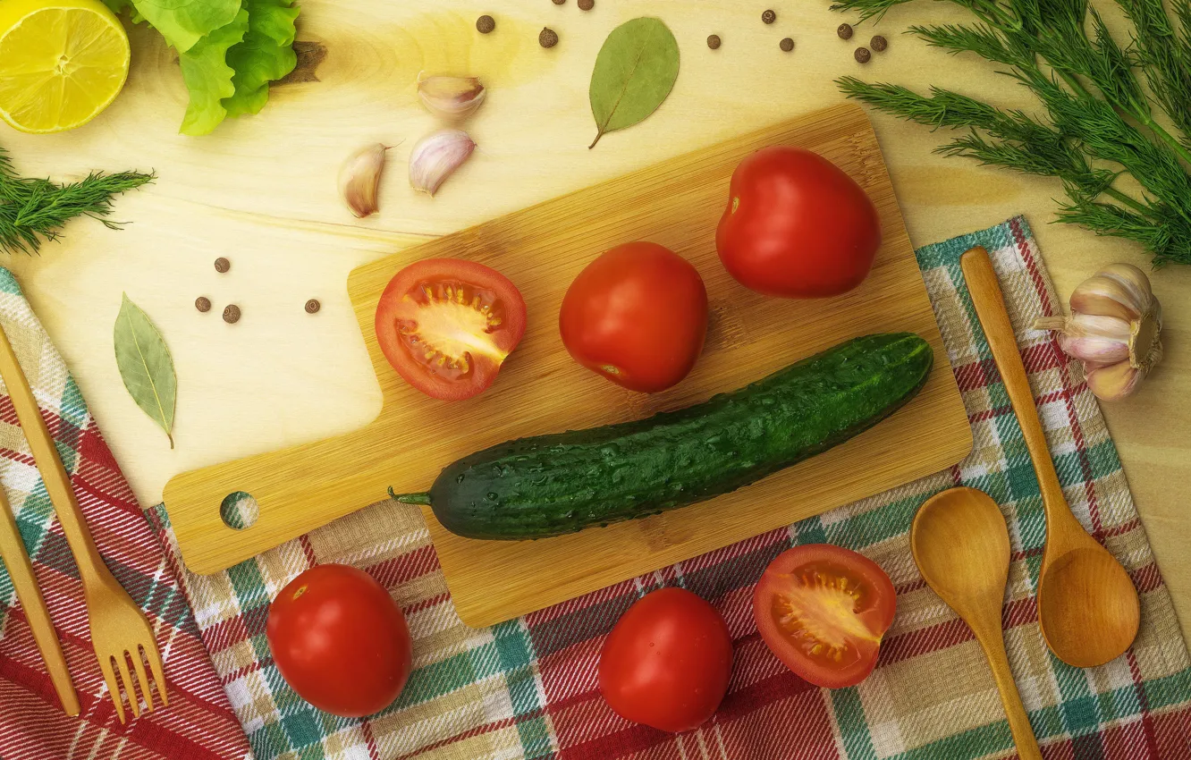 Photo wallpaper greens, table, towel, dill, vegetables, tomatoes, cucumbers, fork