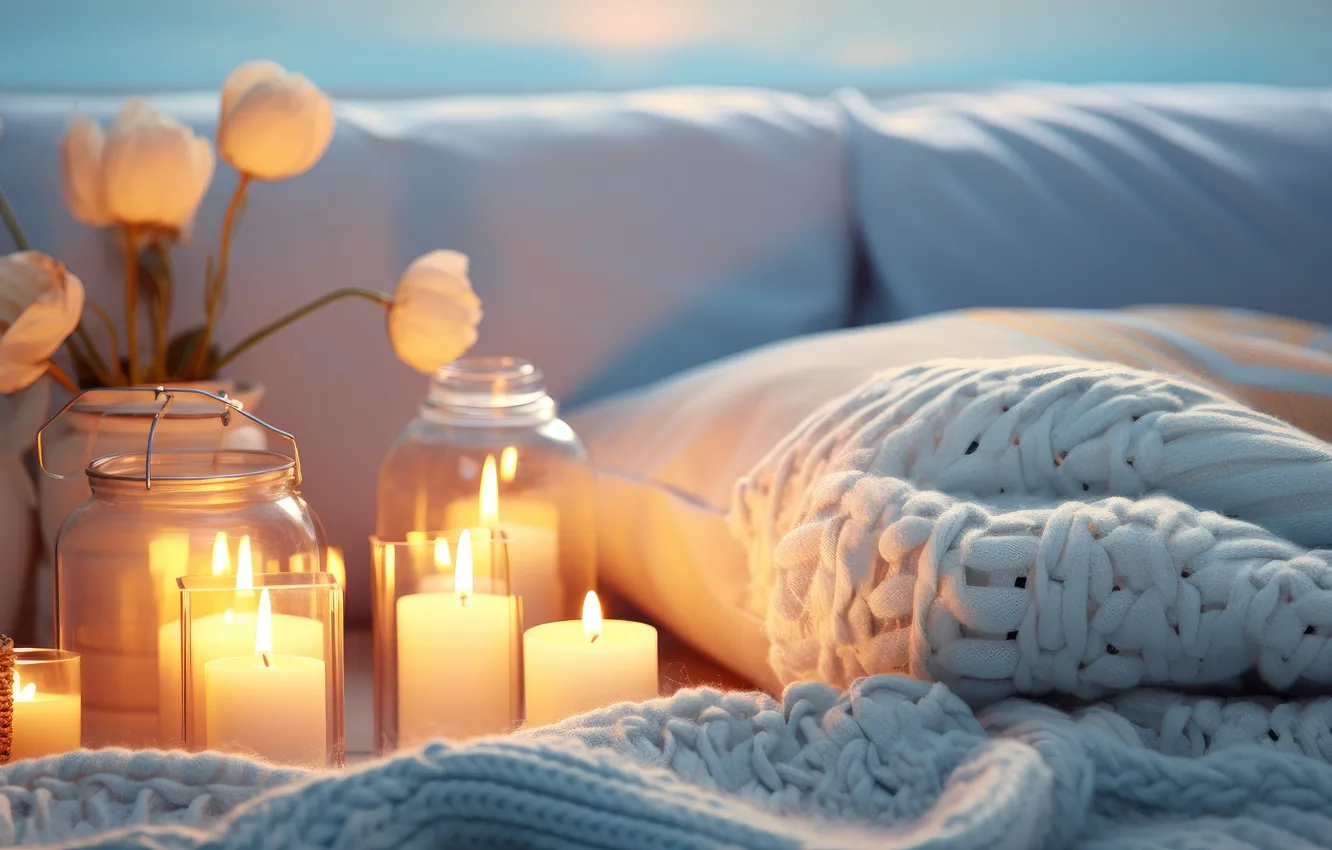 Photo wallpaper glass, light, flowers, comfort, room, flame, holiday, blue