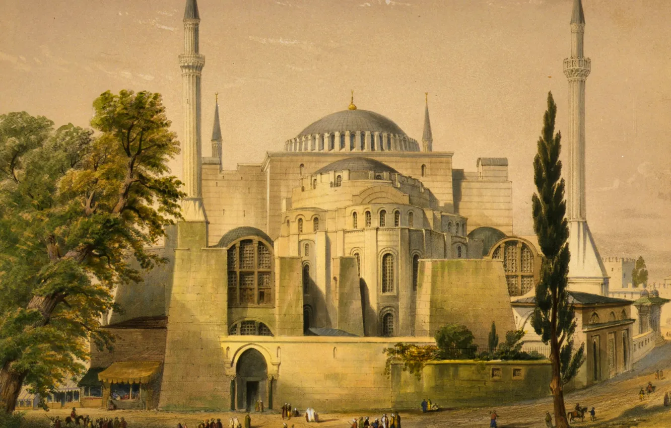 Photo wallpaper trees, the city, picture, mosque, Istanbul, Turkey, the minaret, Hagia Sophia