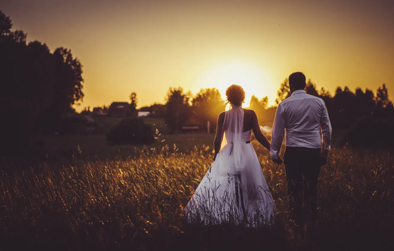 Photo wallpaper field, sunset, wedding