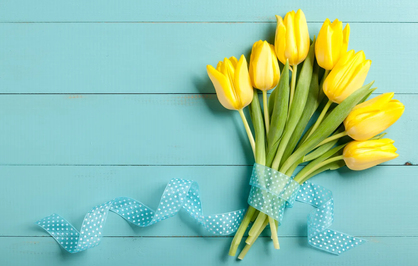 Photo wallpaper flowers, bouquet, tape, tulips, yellow, wood, flowers, blue background