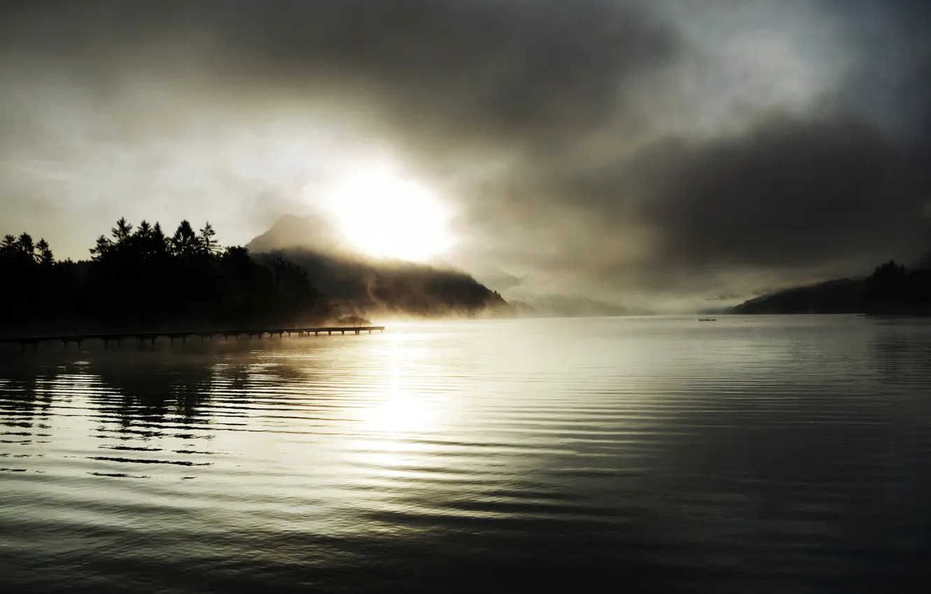 Photo wallpaper trees, sunset, mountains, fog, lake, spruce, pierce, the sun's rays