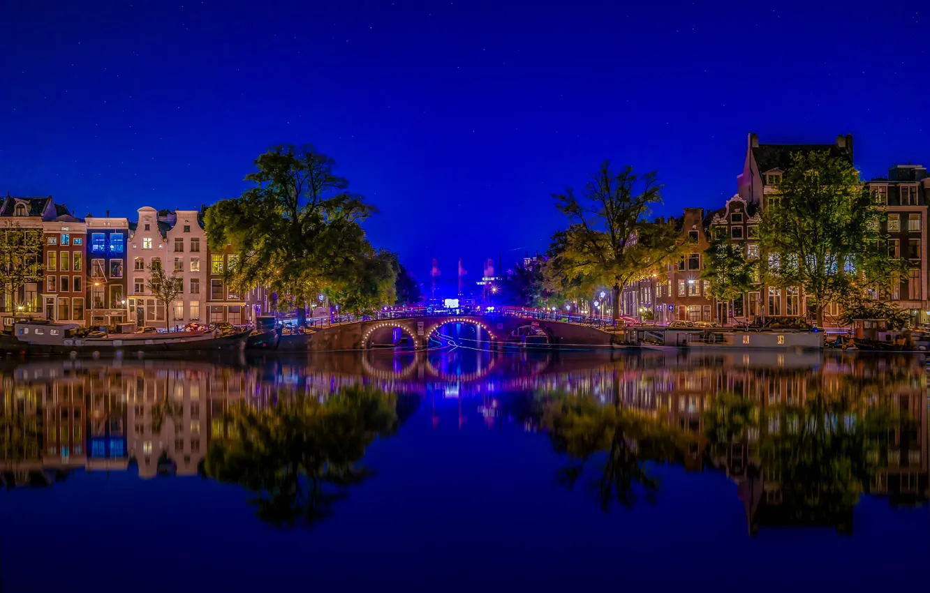 Photo wallpaper bridge, reflection, river, building, Amsterdam, Netherlands, night city, Amsterdam