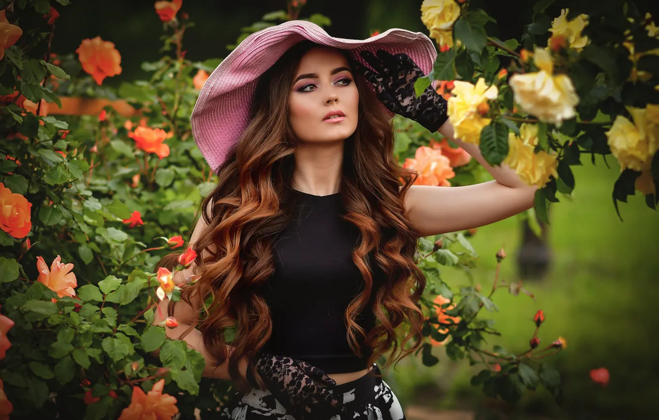 Photo wallpaper girl, flowers, nature, roses, hat, gloves, brown hair, the bushes