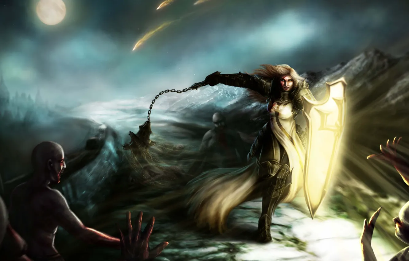 Photo wallpaper girl, light, mountains, weapons, the moon, art, shield, Diablo III