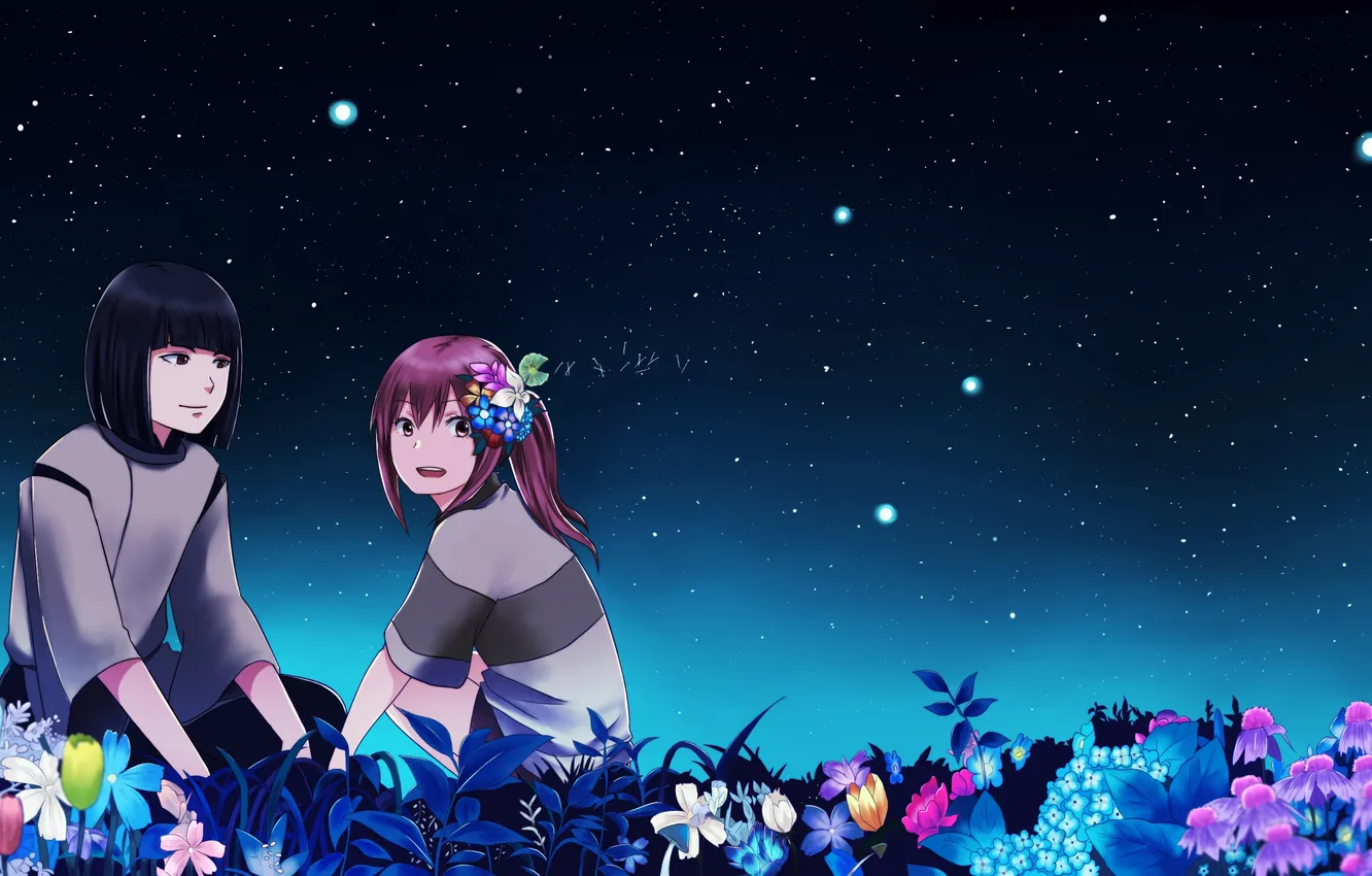 Photo wallpaper the sky, girl, stars, flowers, anime, art, guy, two