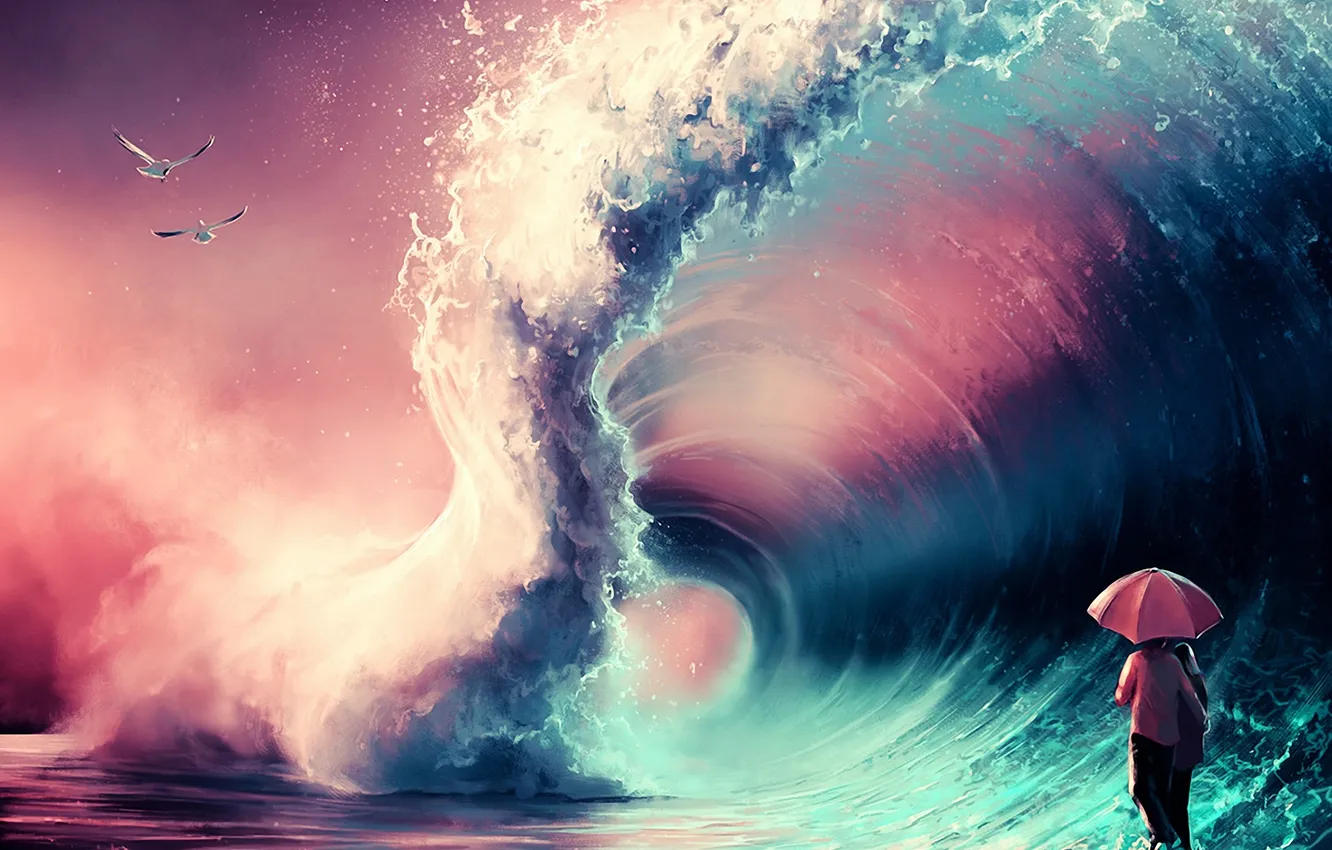 Photo wallpaper wave, girl, bird, umbrella, art, pair, guy