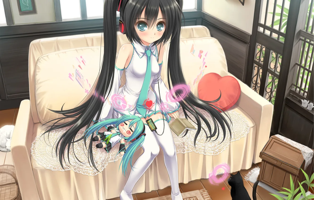 Photo wallpaper cat, girl, flowers, room, sofa, heart, doll, headphones