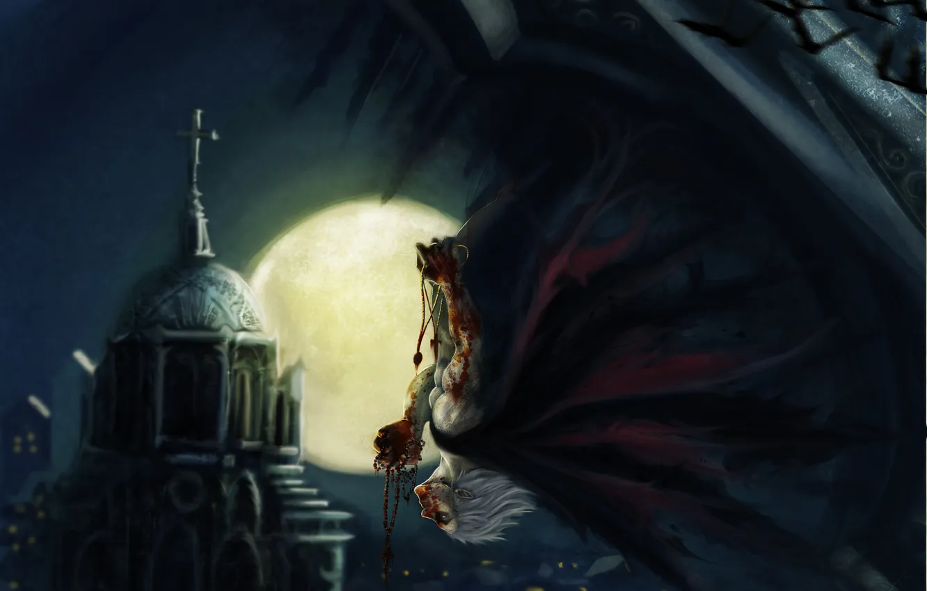 Photo wallpaper night, the moon, blood, cross, art, Church, temple, vampire