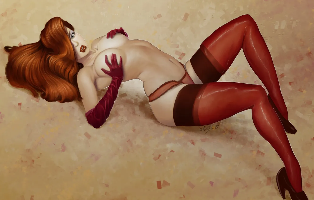 Photo wallpaper look, girl, pose, stockings, gloves, red