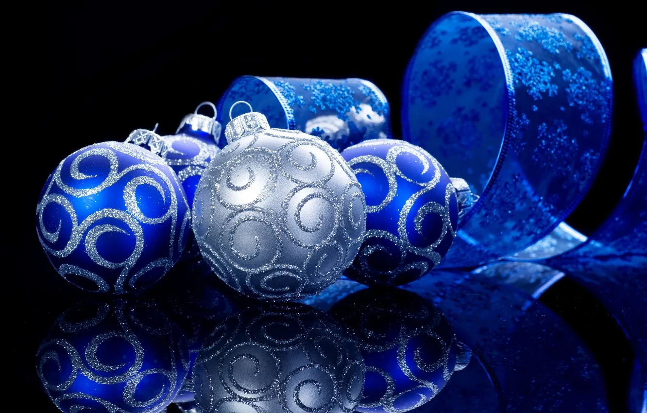 Photo wallpaper decoration, blue, reflection, balls, silver, Christmas, ribbon with snowflakes