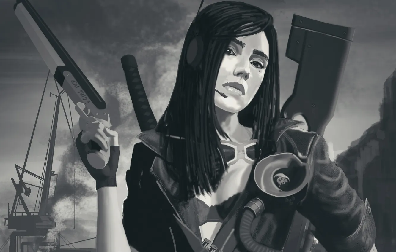 Photo wallpaper look, girl, sword, katana, cartridges, art, bleed, shotgun