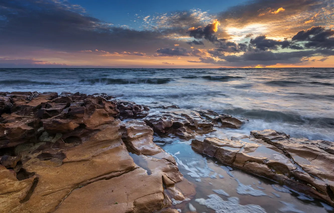Photo wallpaper landscape, nature, the ocean, rocks, dawn
