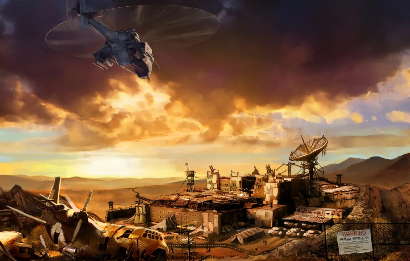 Photo wallpaper building, village, plate, helicopter, the plane, warning, Territory