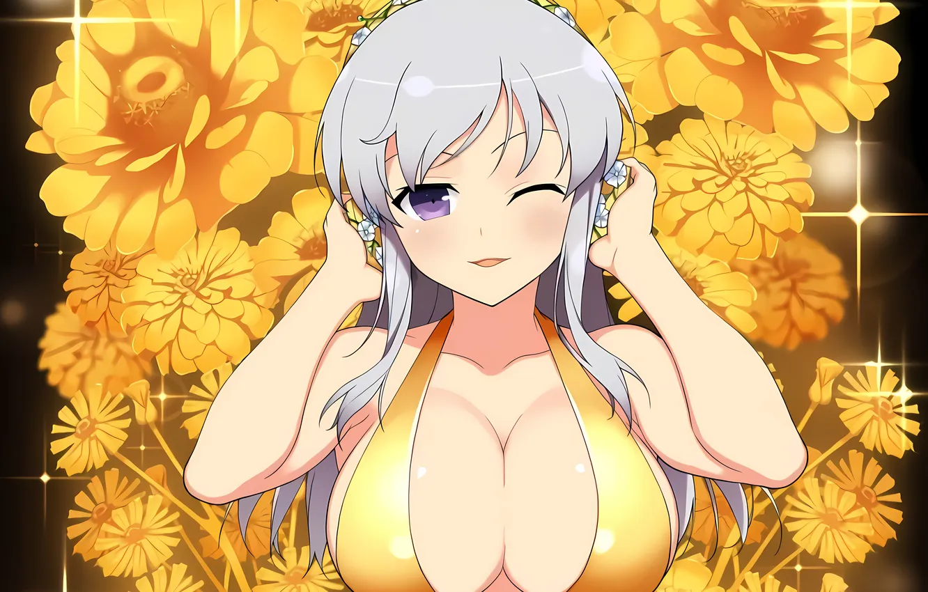 Photo wallpaper girl, sexy, cleavage, long hair, boobs, anime, flowers, beautiful