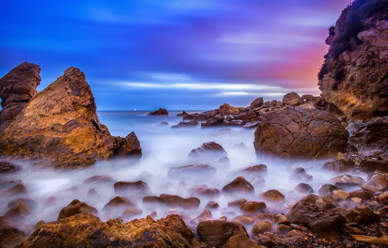 Photo wallpaper beach, stones, the ocean, rocks, dawn, California, USА, Corona del Mar
