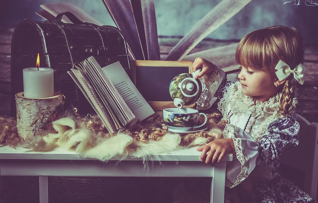 Photo wallpaper mood, candles, dress, the tea party, girl, book, braids, chest