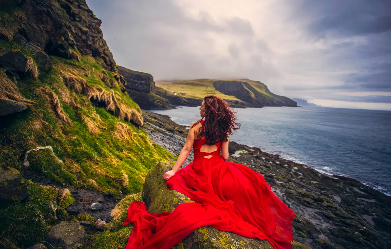 Photo wallpaper girl, sunset, mood, the ocean, coast, Denmark, dress, red dress