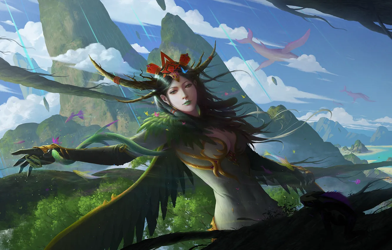 Photo wallpaper look, girl, rocks, wings, feathers, hands, fantasy, art