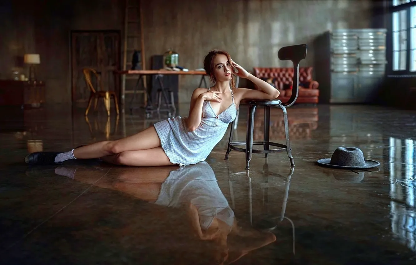 Photo wallpaper look, girl, model, hat, chair, brown hair, beautiful, Nastya