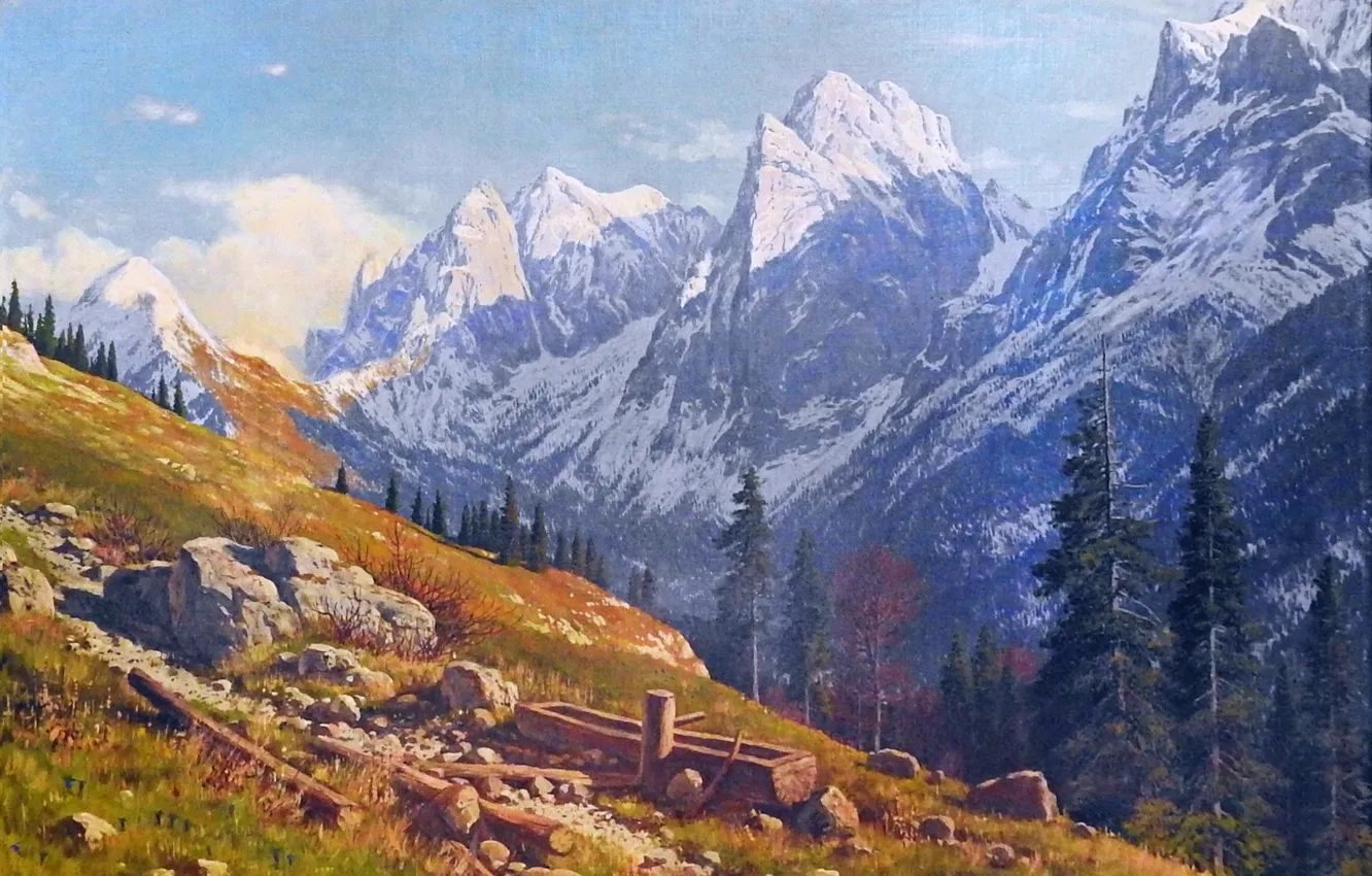 Photo wallpaper mountains, picture, German artist, Rudolf Reschreiter, Rudolf Reschreiter, View of the summer mountain landscape, Wilder-Kaiser