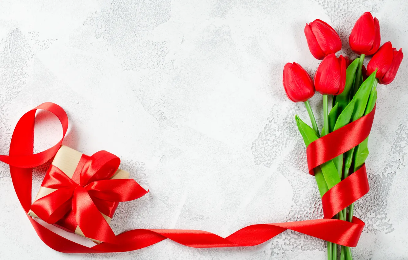 Photo wallpaper love, gift, bouquet, tape, tulips, red, red, love