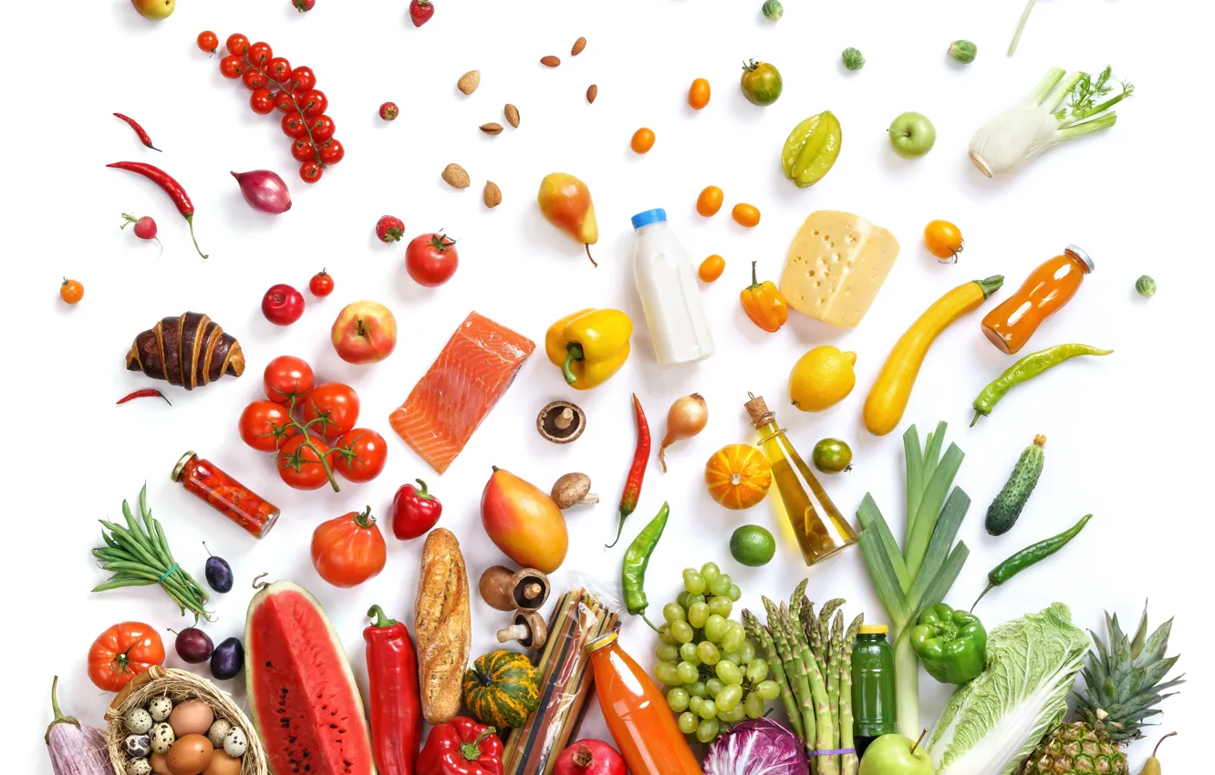 Photo wallpaper lemon, apples, mushrooms, eggs, fish, watermelon, cheese, milk