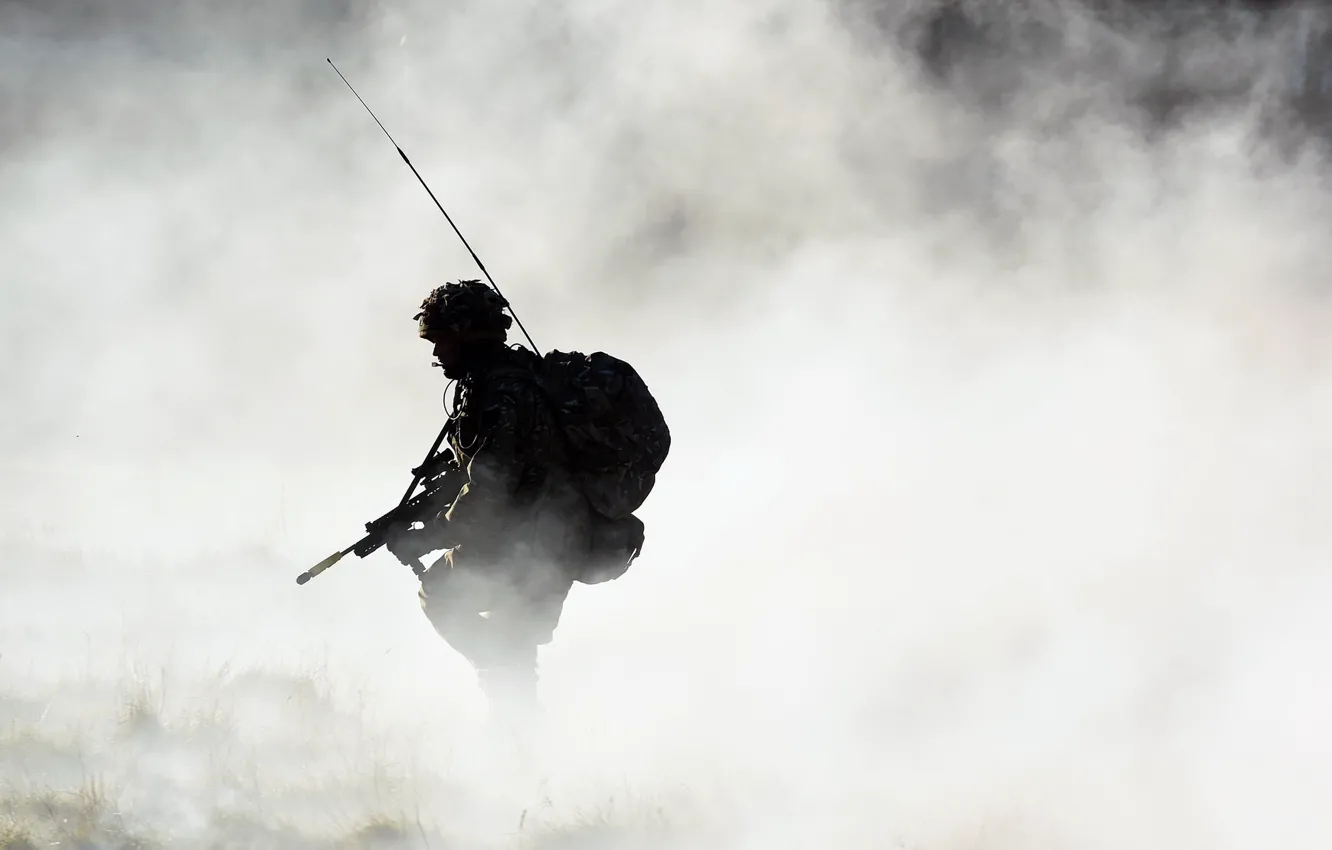 Photo wallpaper fog, weapons, army, soldiers