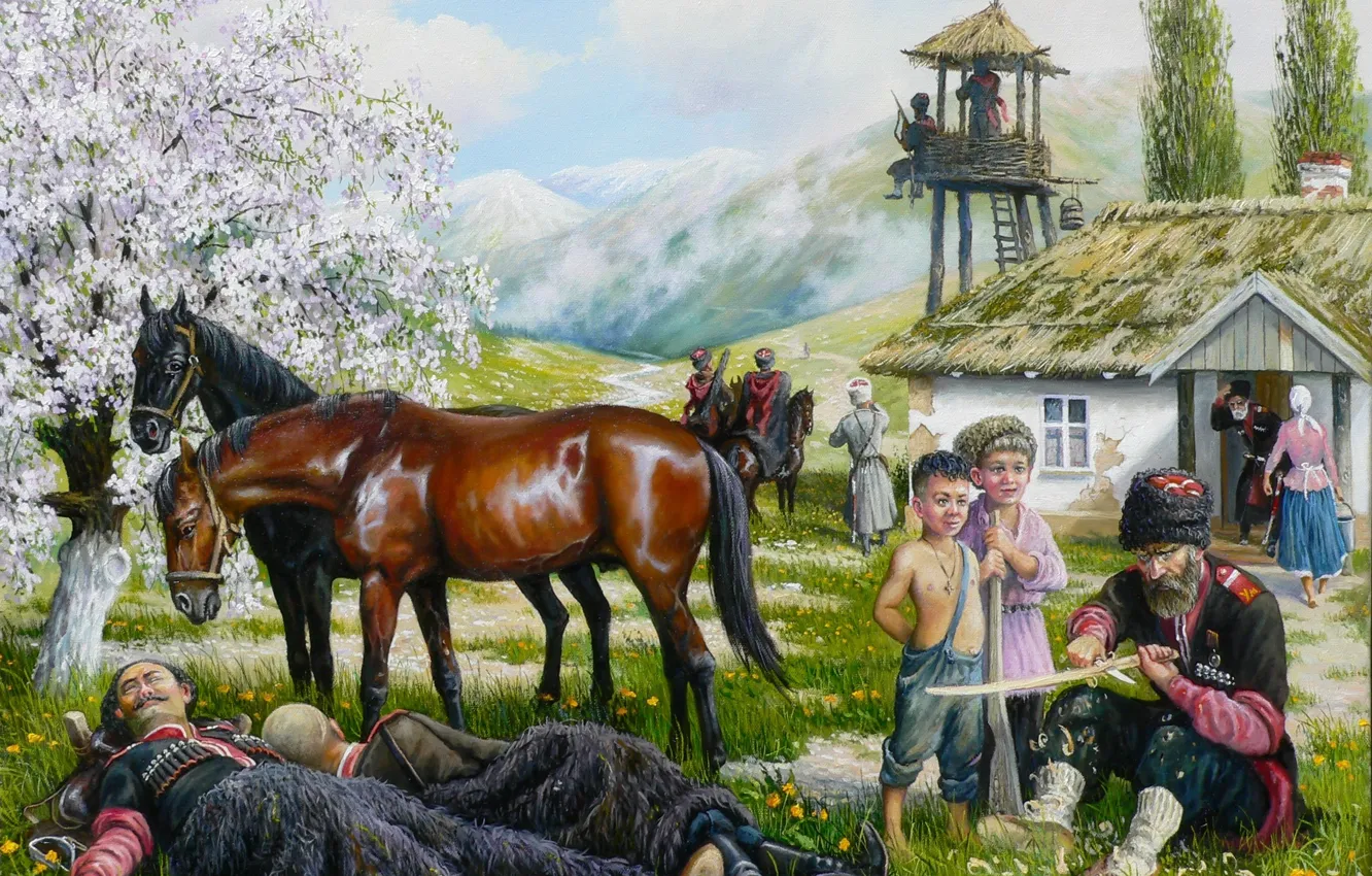Photo wallpaper children, spring, art, Cossacks, Andrey Lyakh, the village