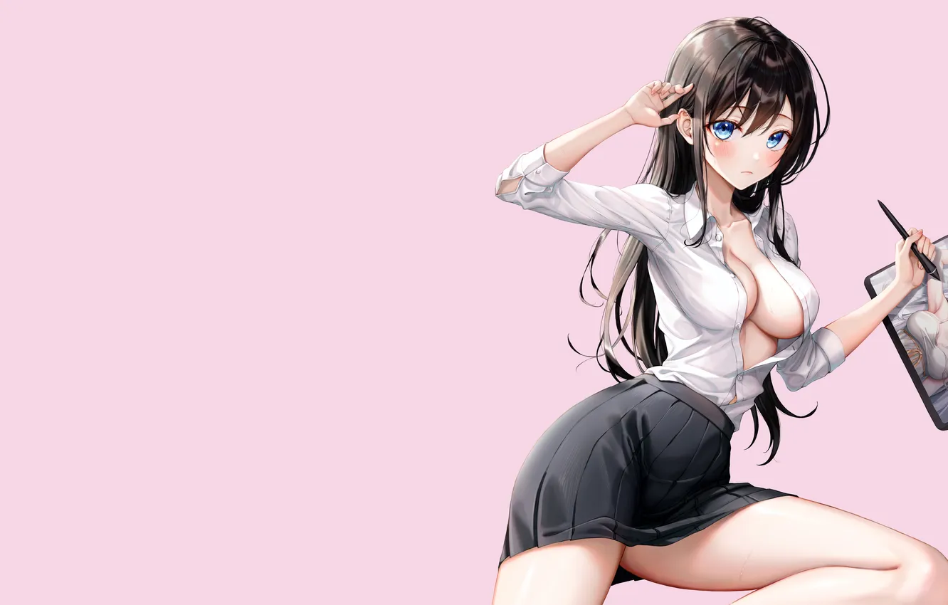 Photo wallpaper girl, sexy, cleavage, school uniform, long hair, boobs, anime, blue eyes