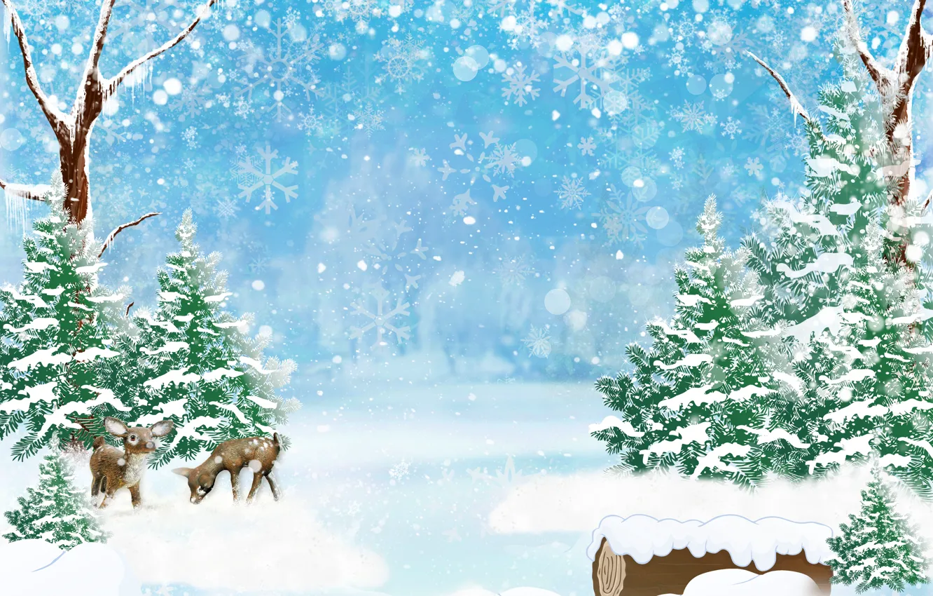 Photo wallpaper winter, forest, snow, trees, snowflakes, glare, deer, art
