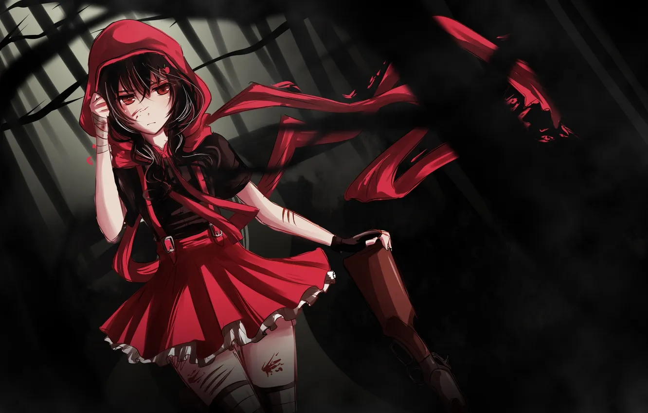 Photo wallpaper forest, blood, little red riding hood, art, girl, bandages, wounds