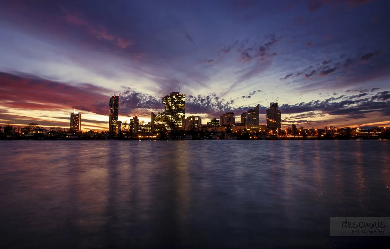 Photo wallpaper the sky, water, clouds, sunset, the city, lights, surface, the evening