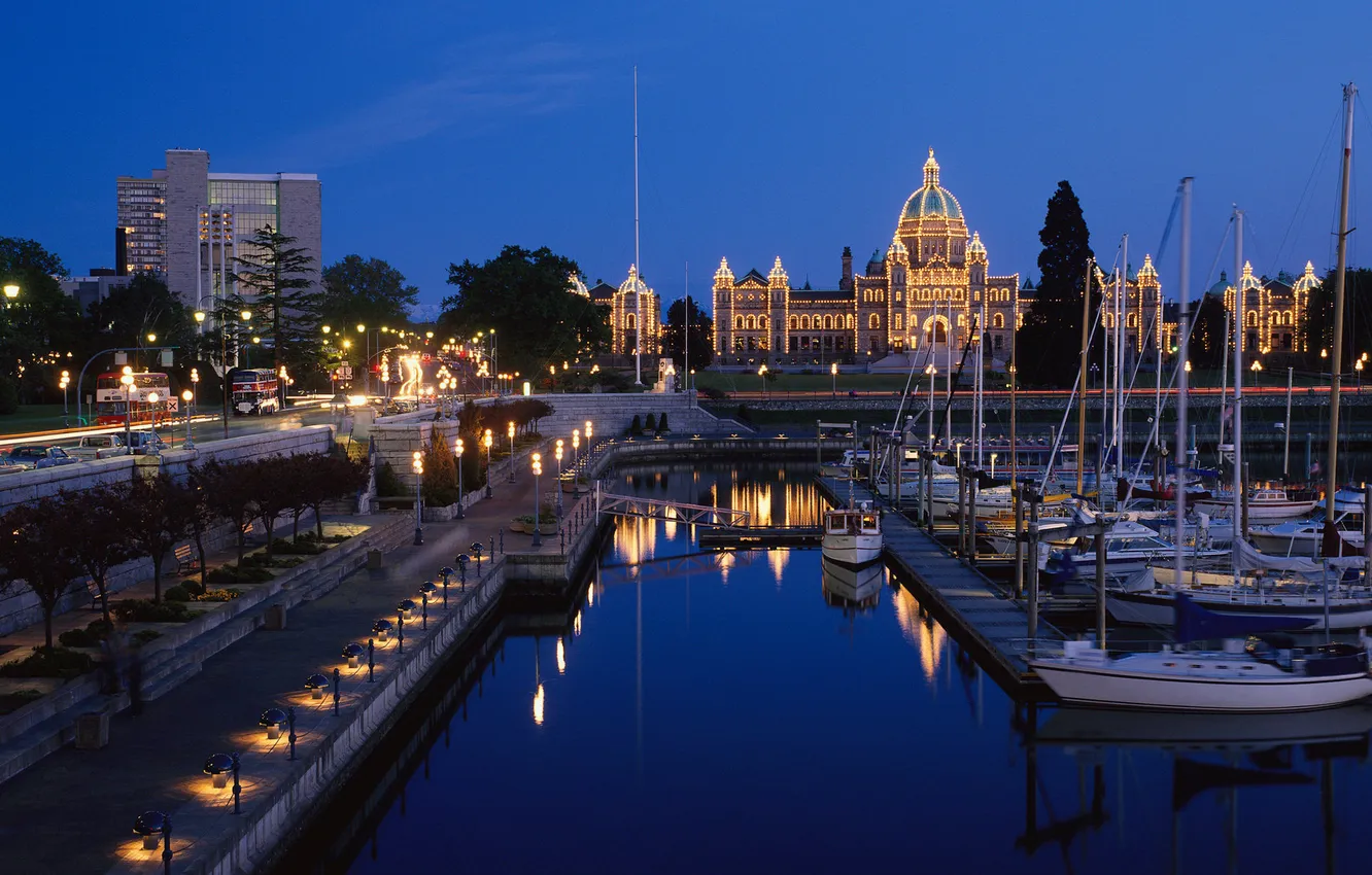 Photo wallpaper night, the city, yacht, lights