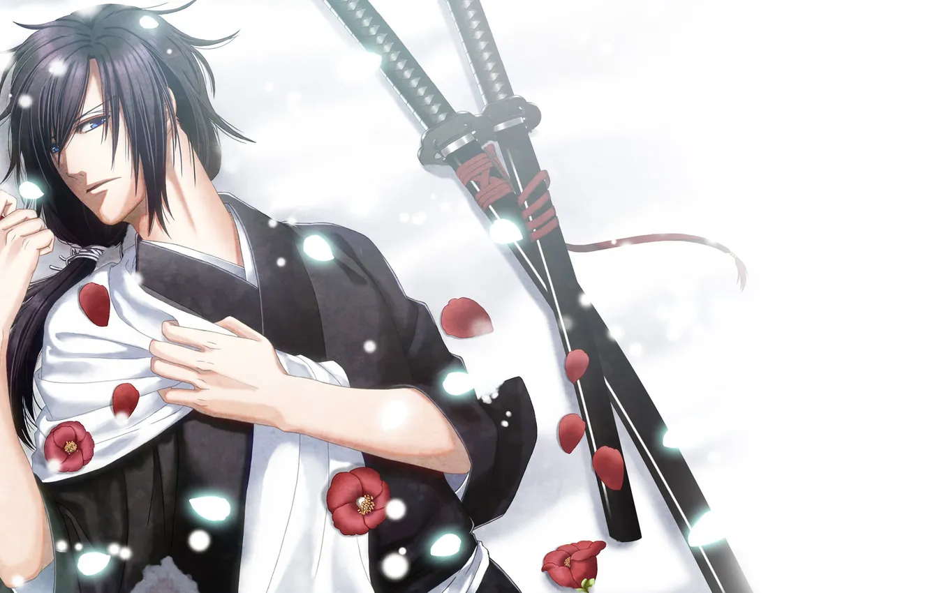 Photo wallpaper sword, petals, samurai, male, Hakuouki, Saitou Hajime, red flowers