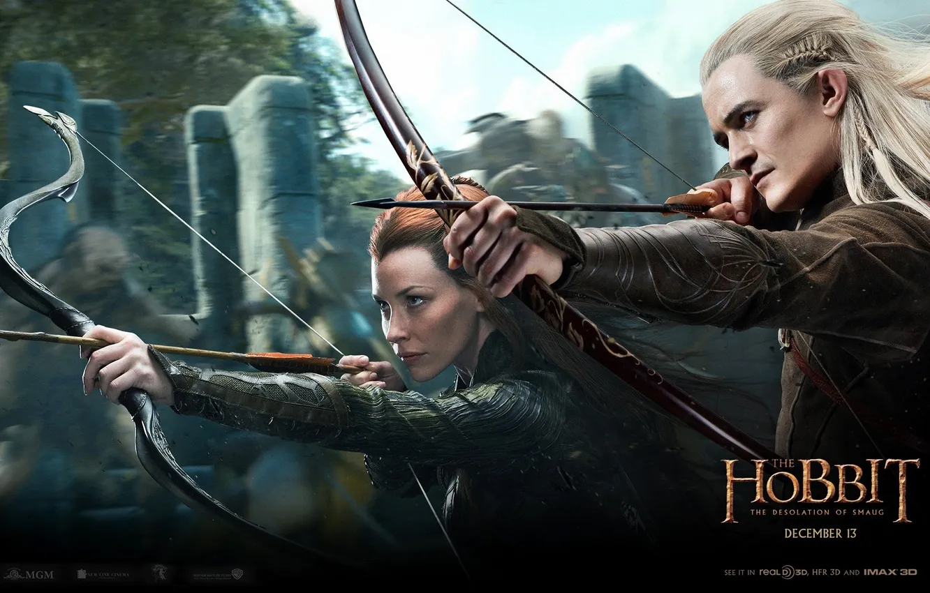 Photo wallpaper bow, Evangeline Lilly, arrows, Orlando Bloom, Orlando Bloom, Evangeline Lilly, The Hobbit: The Desolation Of …