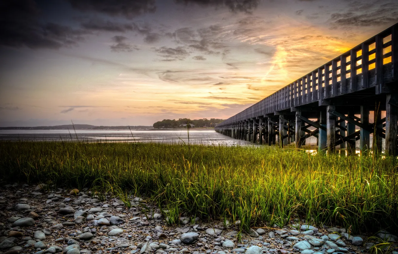 Photo wallpaper sunset, bridge, river