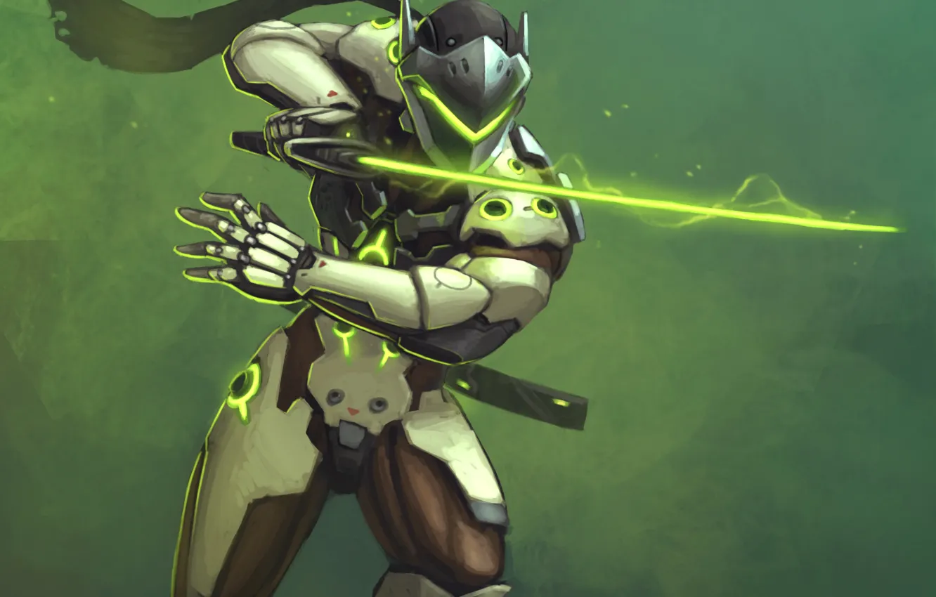 Photo wallpaper sword, Blizzard, art, ninja, cyborg, Overwatch, Genji Shimada, Genji