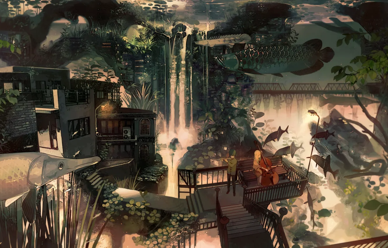 Photo wallpaper bridge, house, waterfall, plants, ladder, cello, girl, guy