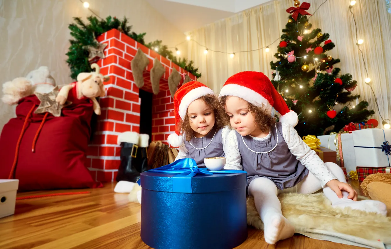 Photo wallpaper children, gift, toy, tree, new year, girl, fireplace, garland