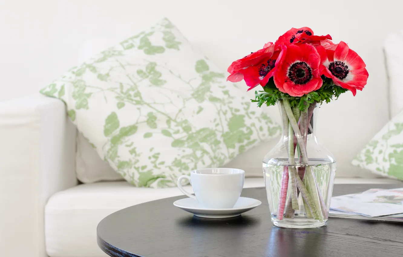 Photo wallpaper flowers, table, sofa, pillow, Cup, red, vase, anemones