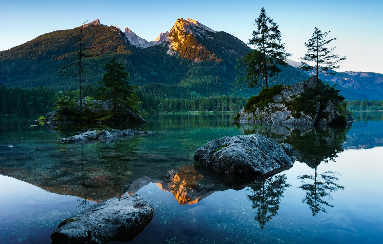 Photo wallpaper forest, trees, mountains, river, stones, Germany, Bayern, Berchtesgaden