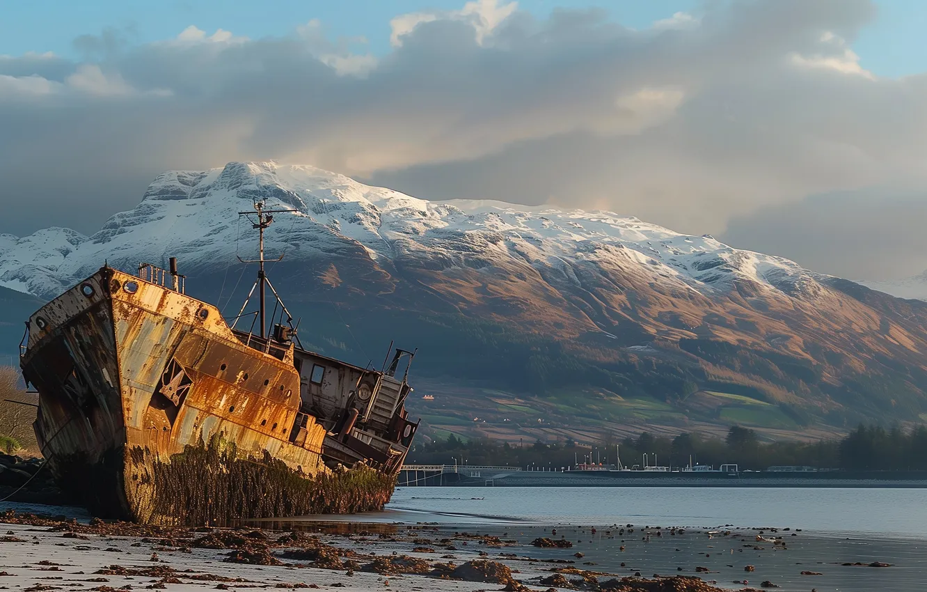 Photo wallpaper mountains, shore, ship, AI art, neural network